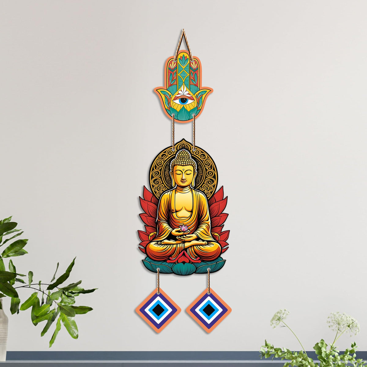 Artvibes Golden Buddha Wall Hanging with Hamsa Hand and Evil Eye Charms | Spiritual Protection Decor for Home | Meditation | Yoga Spaces & Entryway | Positive Energy Wall Art Gift (WH_8594N)