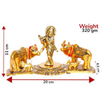 KridayKraft Metal Krishna Playing Flute with Kamdhenu Cow Statue for Pooja & Home Office Decor Religious Idol Table Top Decorative Showpiece Figurines for Decoration & Gifting Purpose