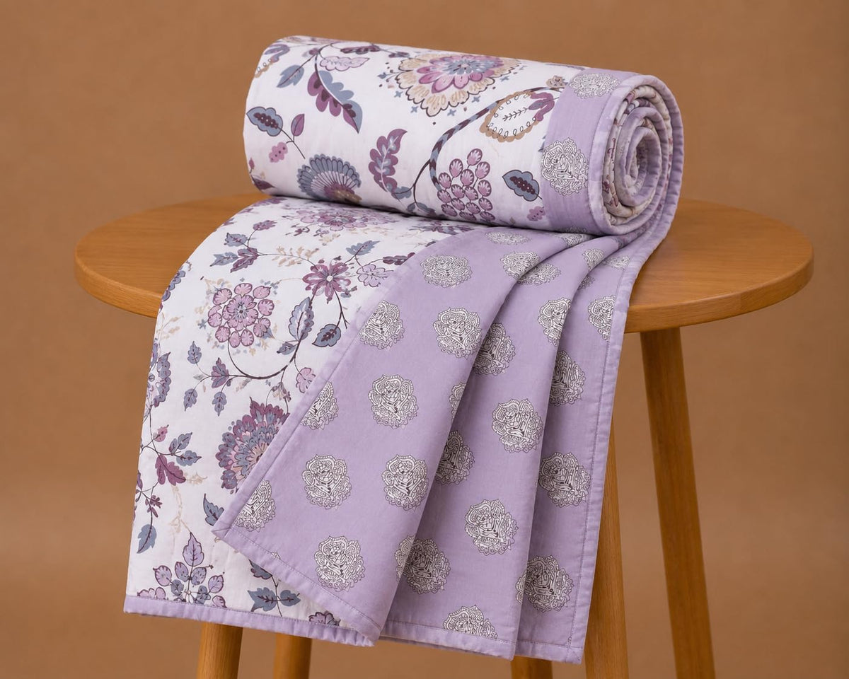 A Brand New - Umi Cotton Comforter Dohar Blanket for Double Bed | 160 TC AC Blanket 84x96 | Three Layer Lightweight Soft Quilt | Elegant Floral Design Kafalo
