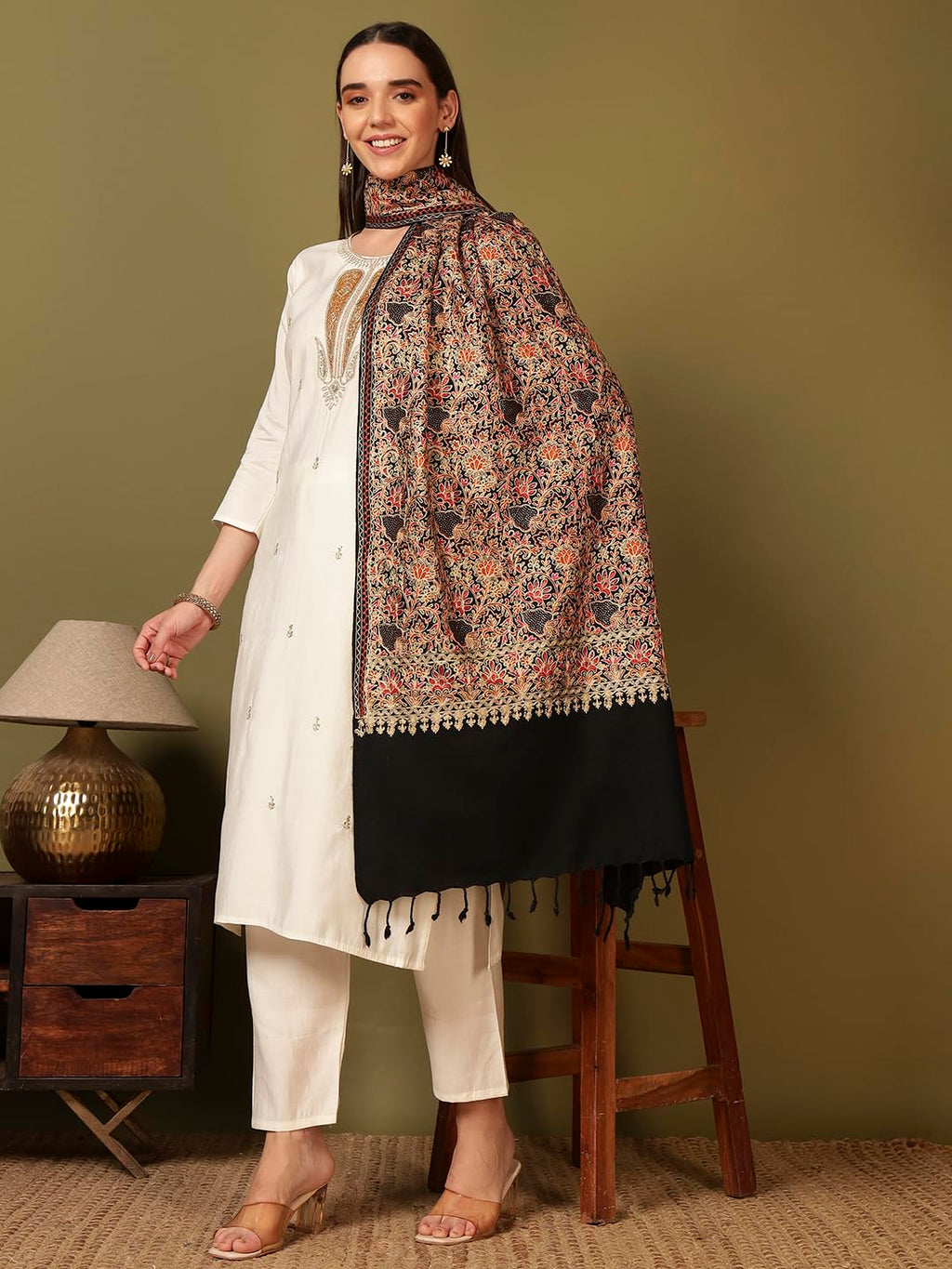 Pashmoda Women Hunar Fine Wool Nalki Embroidered Stole (Size : 28x80in, 71X203cm) EMST02