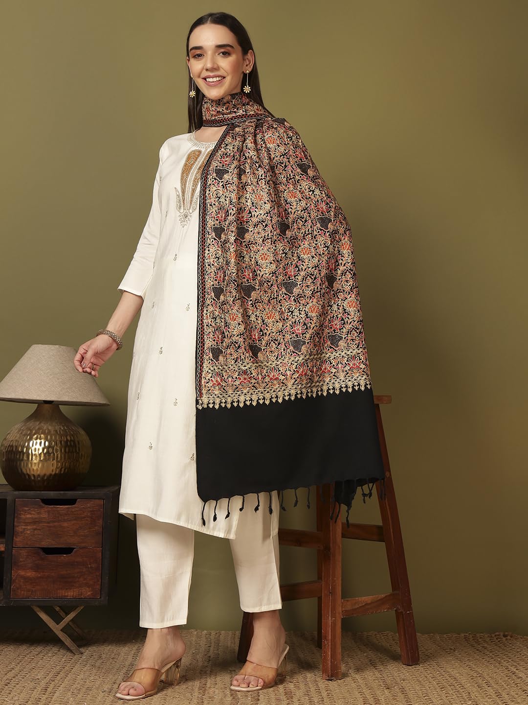 Pashmoda Women Hunar Fine Wool Nalki Embroidered Stole (Size : 28x80in, 71X203cm) EMST02