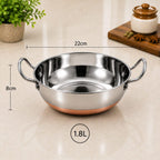 KARVA GROUP Copper Bottom Kadhai (1.8 Liters) | Kadhai with Handle | kadhai | Kadhai Wok Bowl/Kadai for Cooking/Deep-Frying | Copper Handle Kadhai | Cookware Kadhai for Kitchen, Home(Size-12)