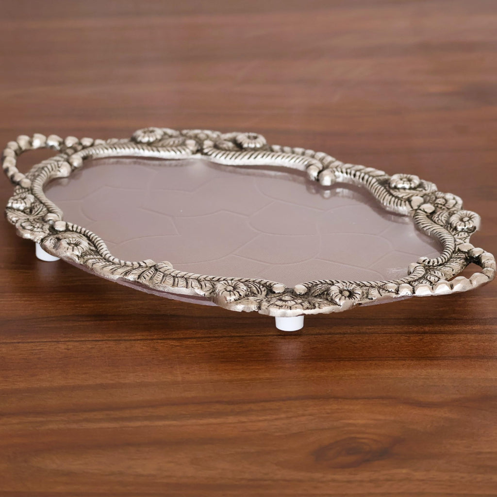 Decorative Fiber Tray with Metal Floral Border, 25 cm Diameter