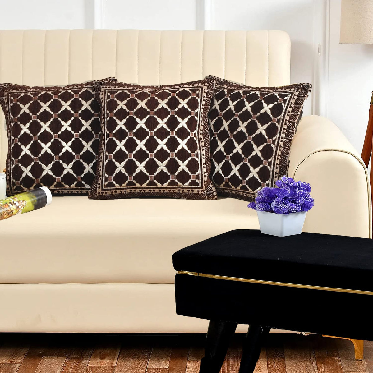 DECOMIZER Jacquard Geomteric Cushion Covers 16 inch x 16 inch Set of 3 Ethnic Motifs Cushion Covers,Design- Criss-Cross,Color- Coffee-240 TC