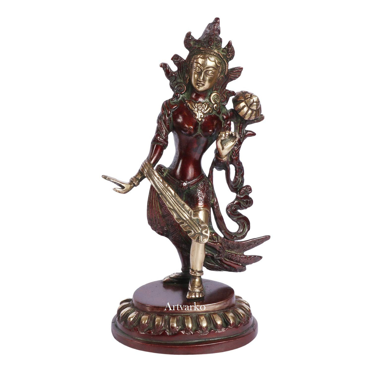 ARTVARKO Brass Goddess Tara Standing Brass Handwork Tibetan Buddhist Deity(Red & Gold Finish)
