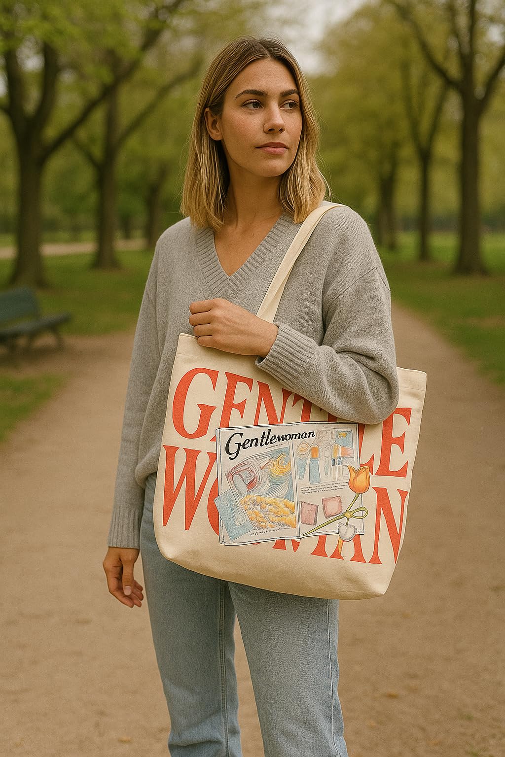 THE SACK CO. Large Canvas Tote Bag for Women, Tote Handbags for Women with Zipper & Inner Pocket for College, Shopping, Office (Gentle women red writting)