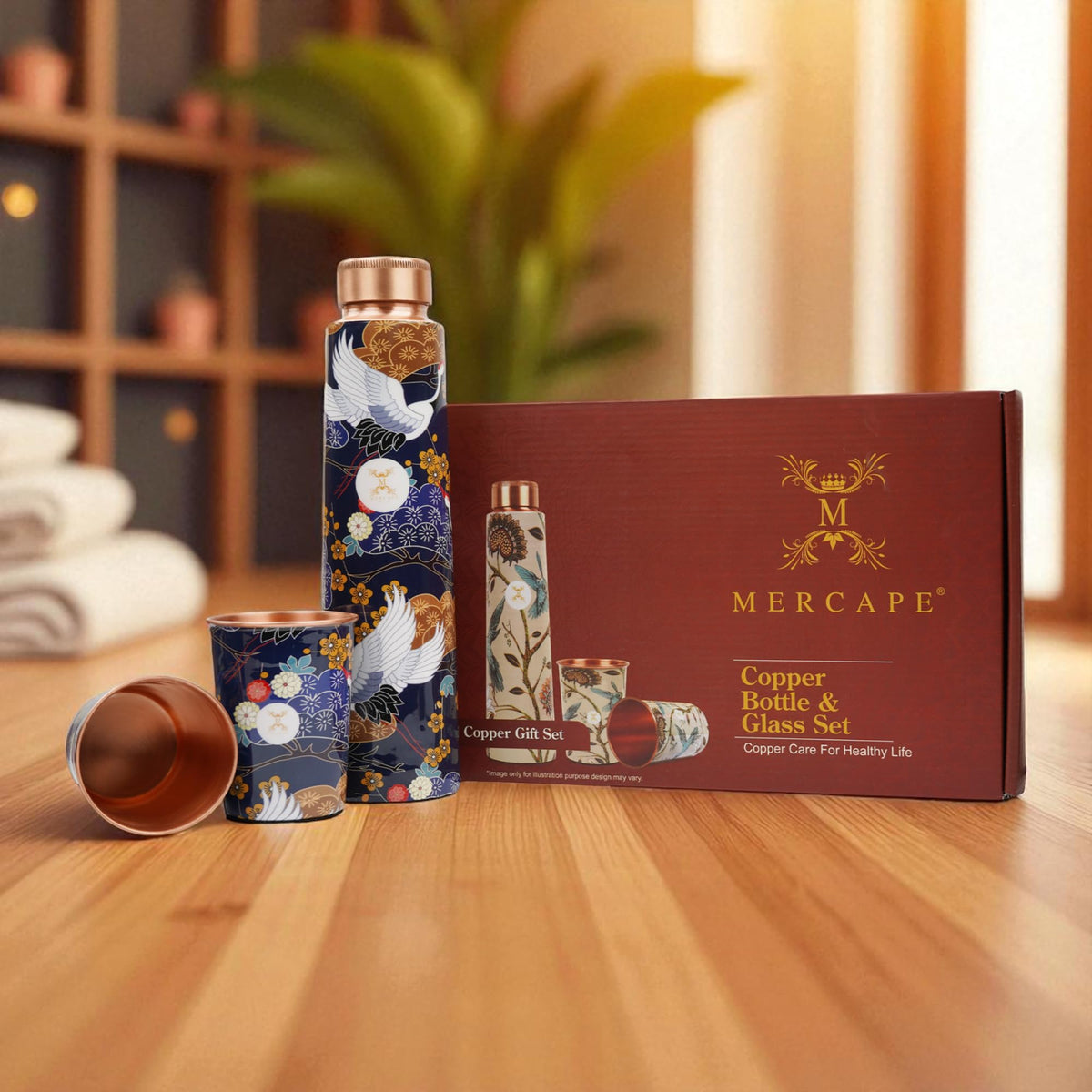 MERCAPE Pure Copper Water Bottle Gift Set 900 ml with 2 Copper Glasses (300 ml Each) | Printed Design | Leak-Resistant Screw Cap | Reusable Copper Drinkware Set for Home, Office & Gifting