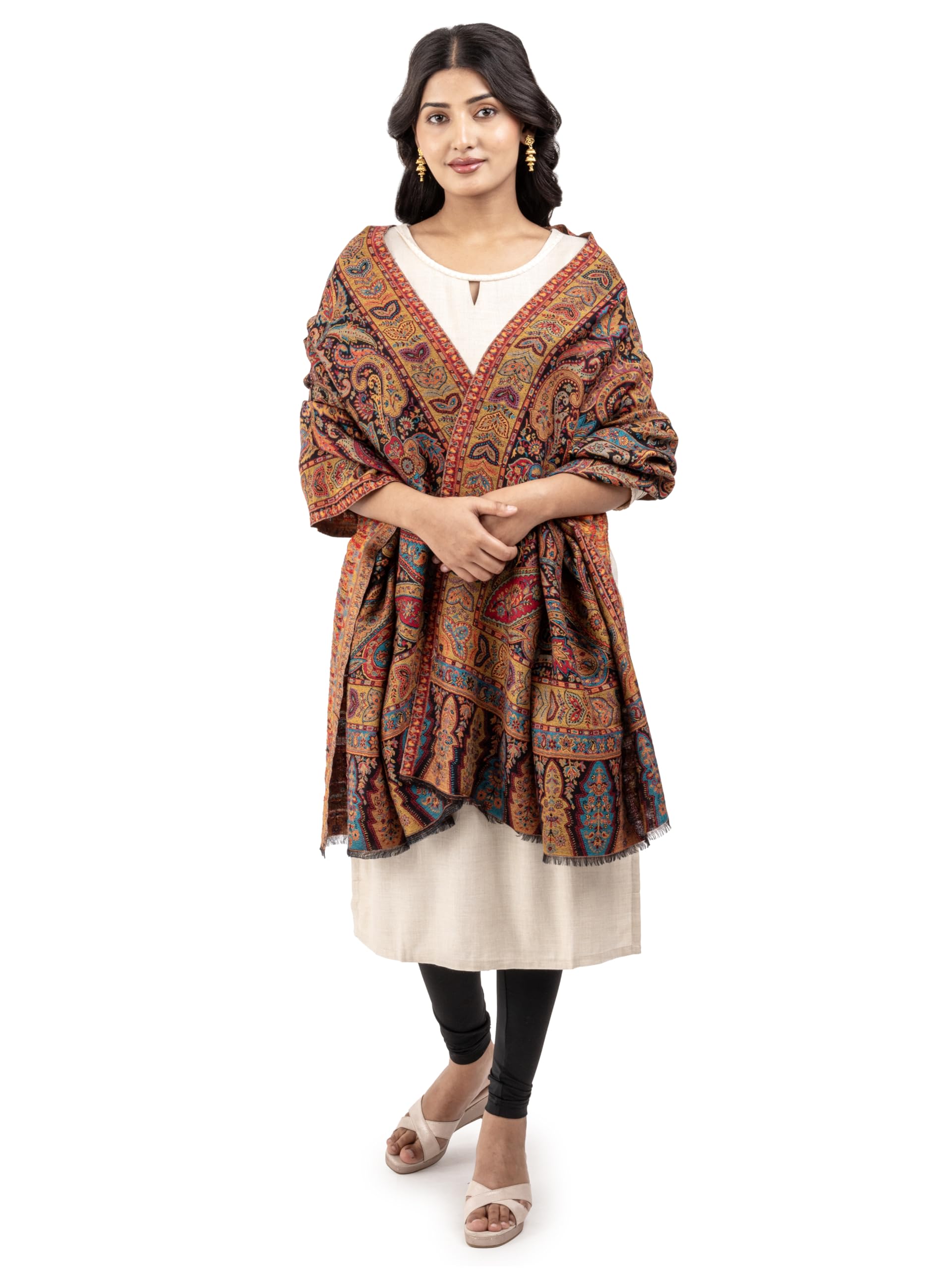 Naureen Women Ultra Soft Fine Wool Kani Shawl with Paisley Artwork, Warm and Soft, 40x80 inch