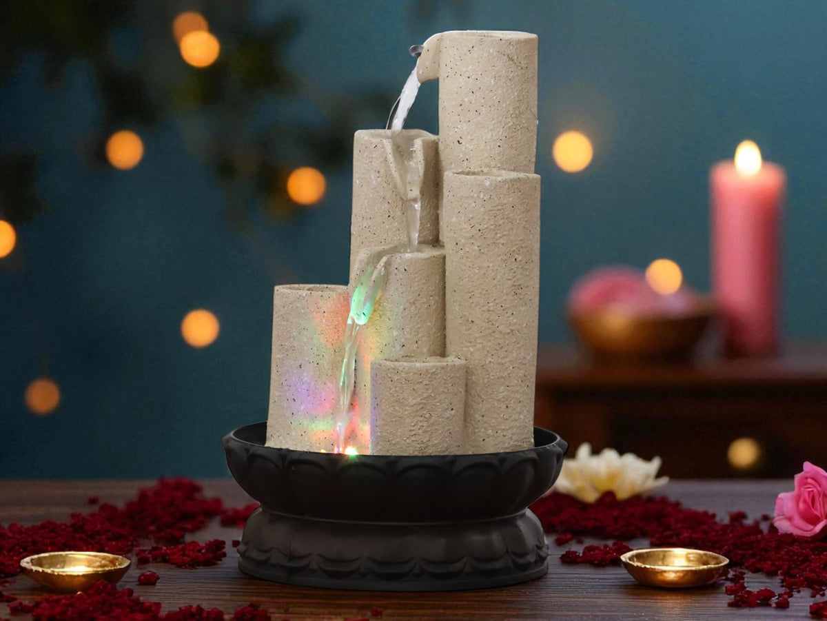 KridayKraft Decorative Waterfall Design Table top Colour Changing Lights Fountain Polyresin Showpiece for Home Garden Living Room Decor Decoration Gift Items, 30 CM 1.2 kg