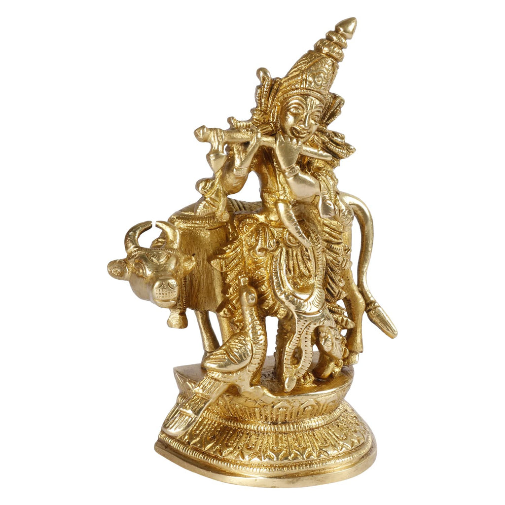SVARUP Brass Krishna Bhagwan Idol with Gau MATA in Gold Color Height 5 Inch