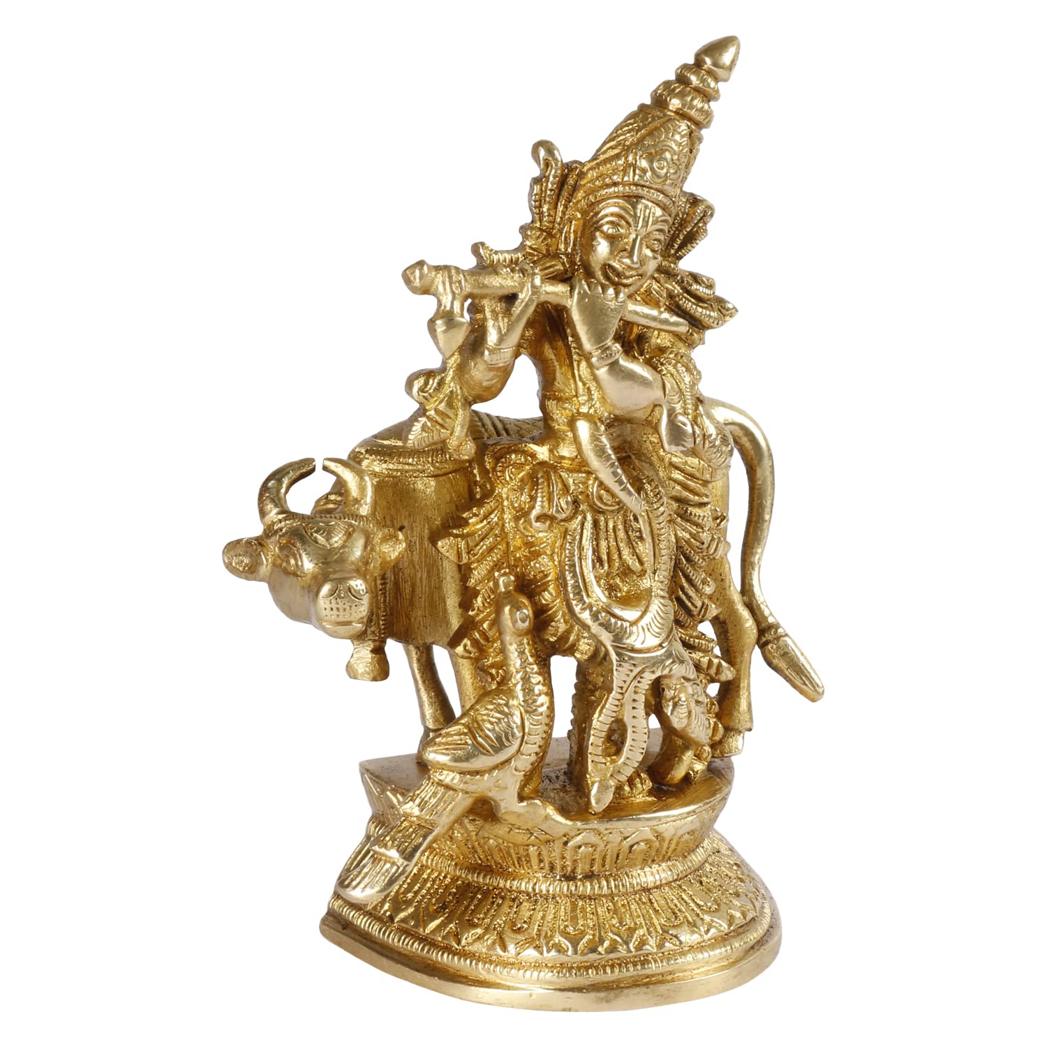 SVARUP Brass Krishna Bhagwan Idol with Gau MATA in Gold Color Height 5 Inch
