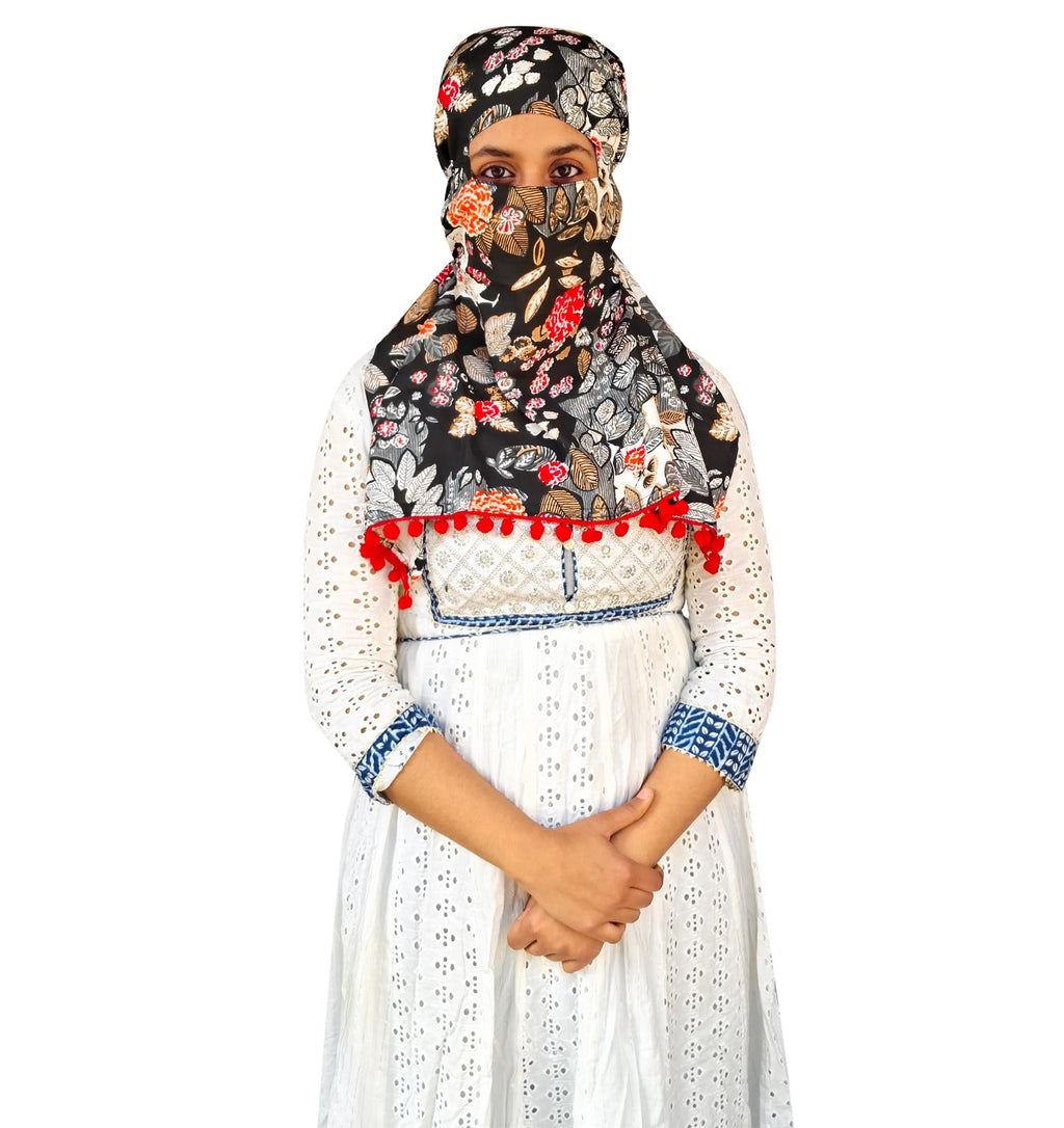 Switchon Scarf Hijab Rayon Printed fancy scarf for women Size Adjustable -Hook loop tape (Multicolor_Black)