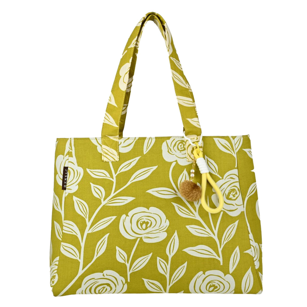 ENSAC Floral Print Tote Bag for Women Stylish Office bag & Canvas Travel Handbag Shopper and Shoulder Bag Lightweight Handbag with Multi Compartment Travel, Office, Gym & Daily Use