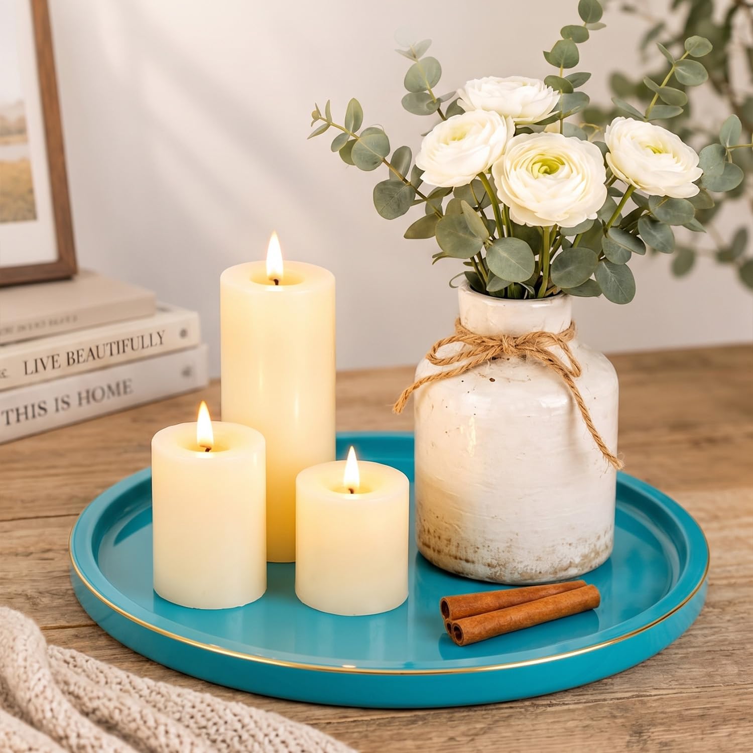 CRAFTSLANE Round Decorative Tray 11 x 11 inch High Gloss with Gold Trim | Wooden Serving & Counter Tray for Keys & Home Decor (Turquoise Blue)