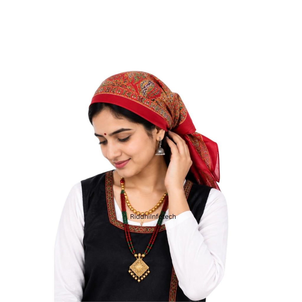 RiddhiInfotech Uttarakhand Pahadi Printed Square Scarf for Women | 26 x 26 Inch Traditional Head Scarf | Vintage Hair Wrap, Bandana, Neck Scarf & Stylish Fashion Accessory | Multicolour