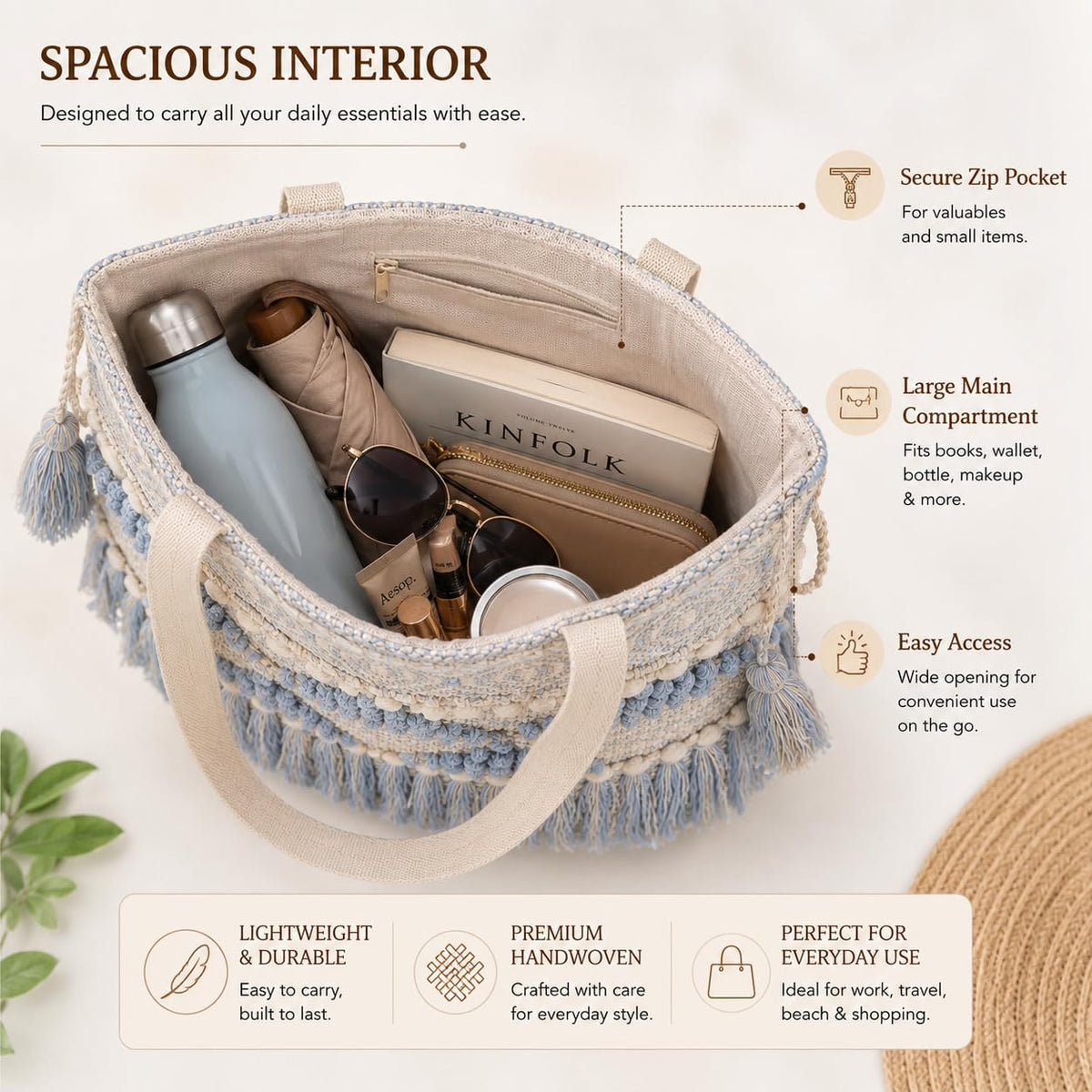 MAGIC TOUCH SHOP Handwoven Cotton Tote Bag for Women