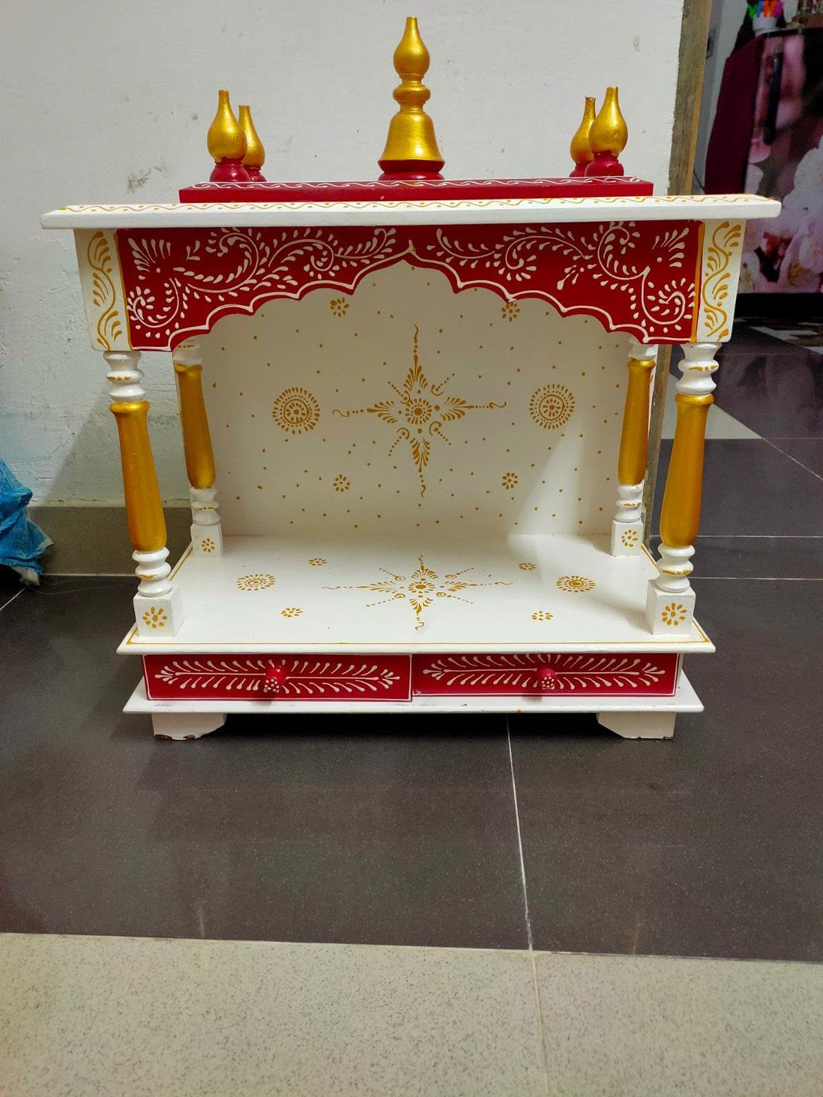 Wood To Cart Beautiful MDF Wooden Temple/Pooja Mandir for Home and Office/Wall Mounted Temple/Puja Stand(White Red - 18x9x22 inches)