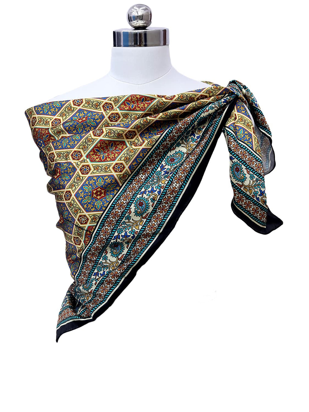 leeza store Women's Golden Yellow Silk Scarf For Women | 40x40 Inch Digital Printed Persian Mughal Hexagon Pattern | Soft & Elegant Square Wrap | Stylish Head, Neck & Hair Scarf