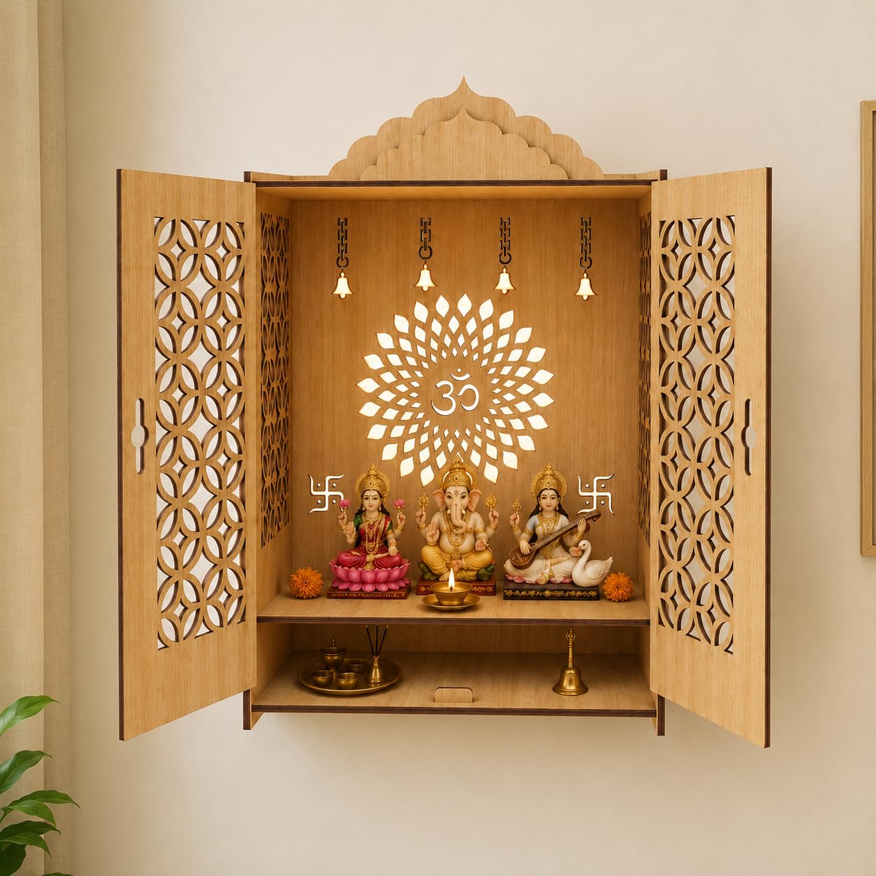 FA6 Wooden Home Temple Mandir for Pooja Room 3MM Premium MDF Wood Laser Cut Pooja Mandir with Doors & Storage Shelf Natural Oak Finish Tabletop Temple 15 x 10 x 7 Inch