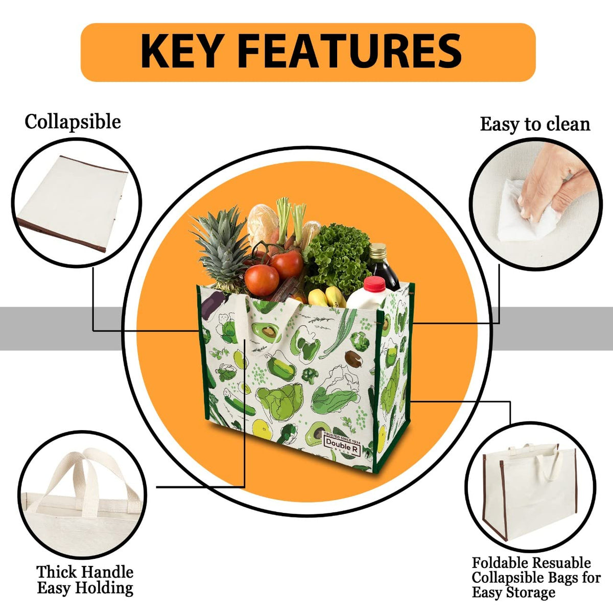 DOUBLE R BAGS Heavy Duty Cotton Canvas Grocery Shopping Bag | Eco-Friendly Cloth Tote for Vegetables, Milk, Fruits & Lunch | 33x44.4x20.3cm | 1 Compartment | Pack of 6 Vegetable Print