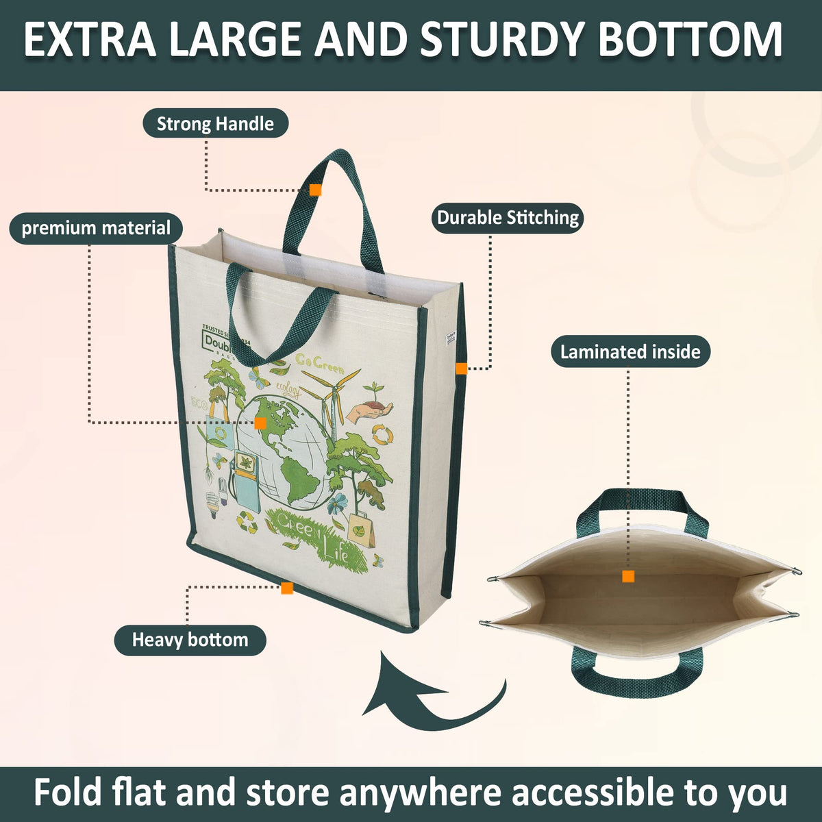 DOUBLE R BAGS Unisex Eco-Friendly Reusable Cotton Canvas Casual Bag with Reinforced Handles (Green Life, 40.6x35x10 cm) | Multi-Purpose Grocery, Kitchen Essentials, Fruits & Veggies Bag | Pack of 4