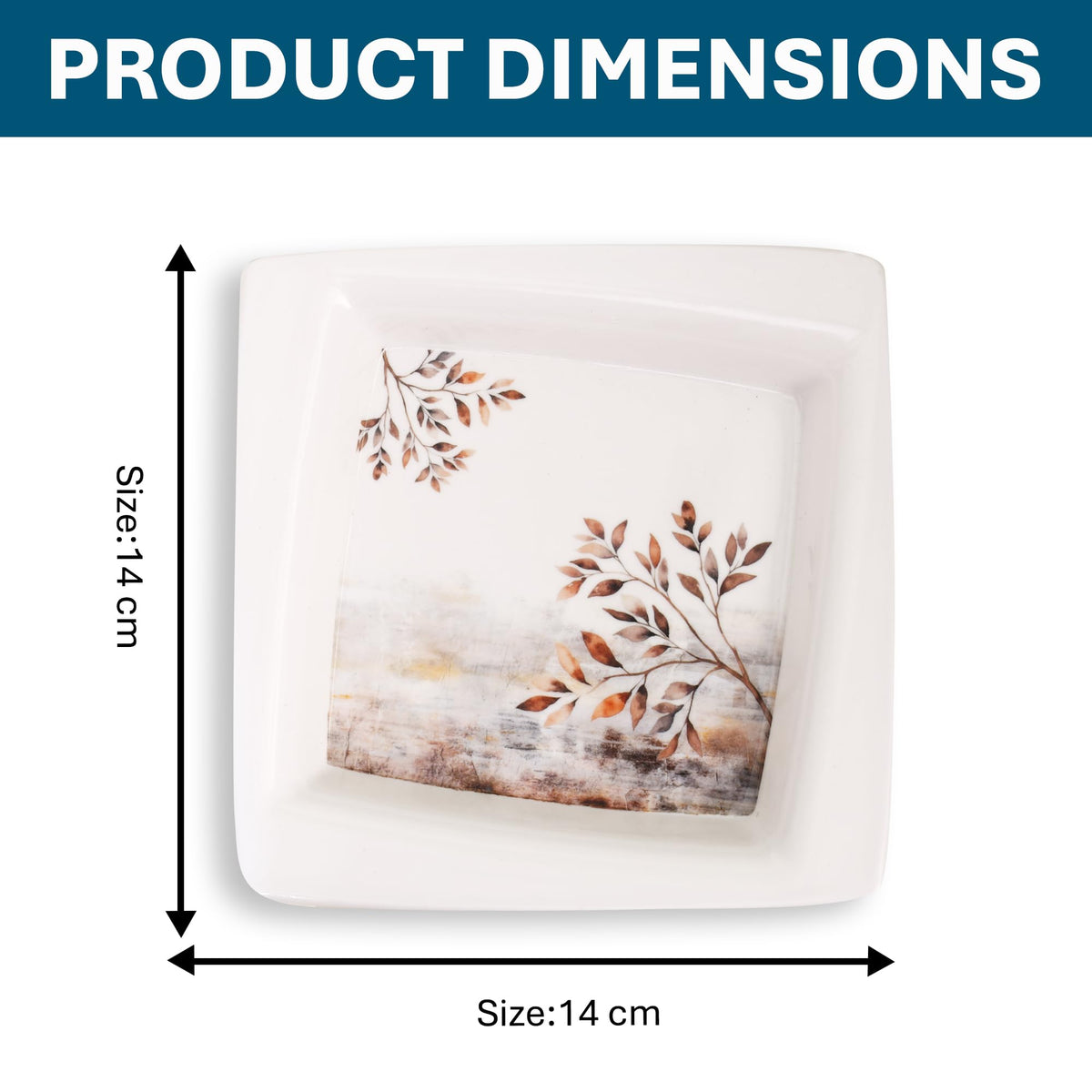 Golden Fish Melamine Square Halwa Plate, Pack of 4, White Copper and Blue, 3D Floral Design, 7 Inches, Matte Finish, Reusable Serving Plate for Snacks and Dessert