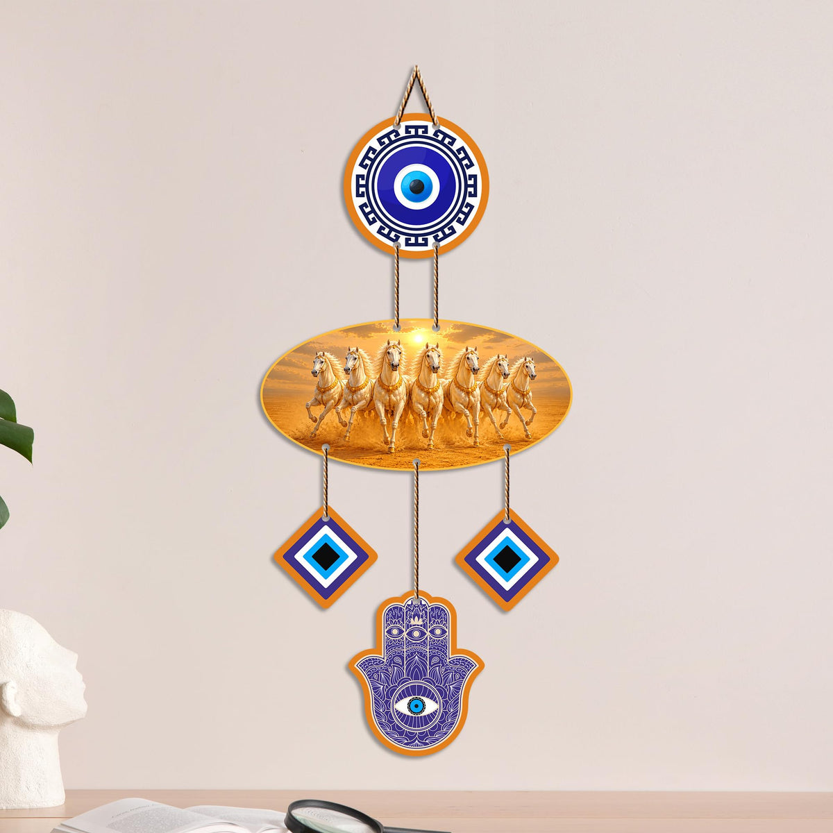Artvibes Seven Running Horses Evil Eye Wall Hanging for Home Entrance Door Decor | Vastu Feng Shui Lucky Horses Wall Art with Nazar Battu Protection for Wealth Success Prosperity (WH_85131N)