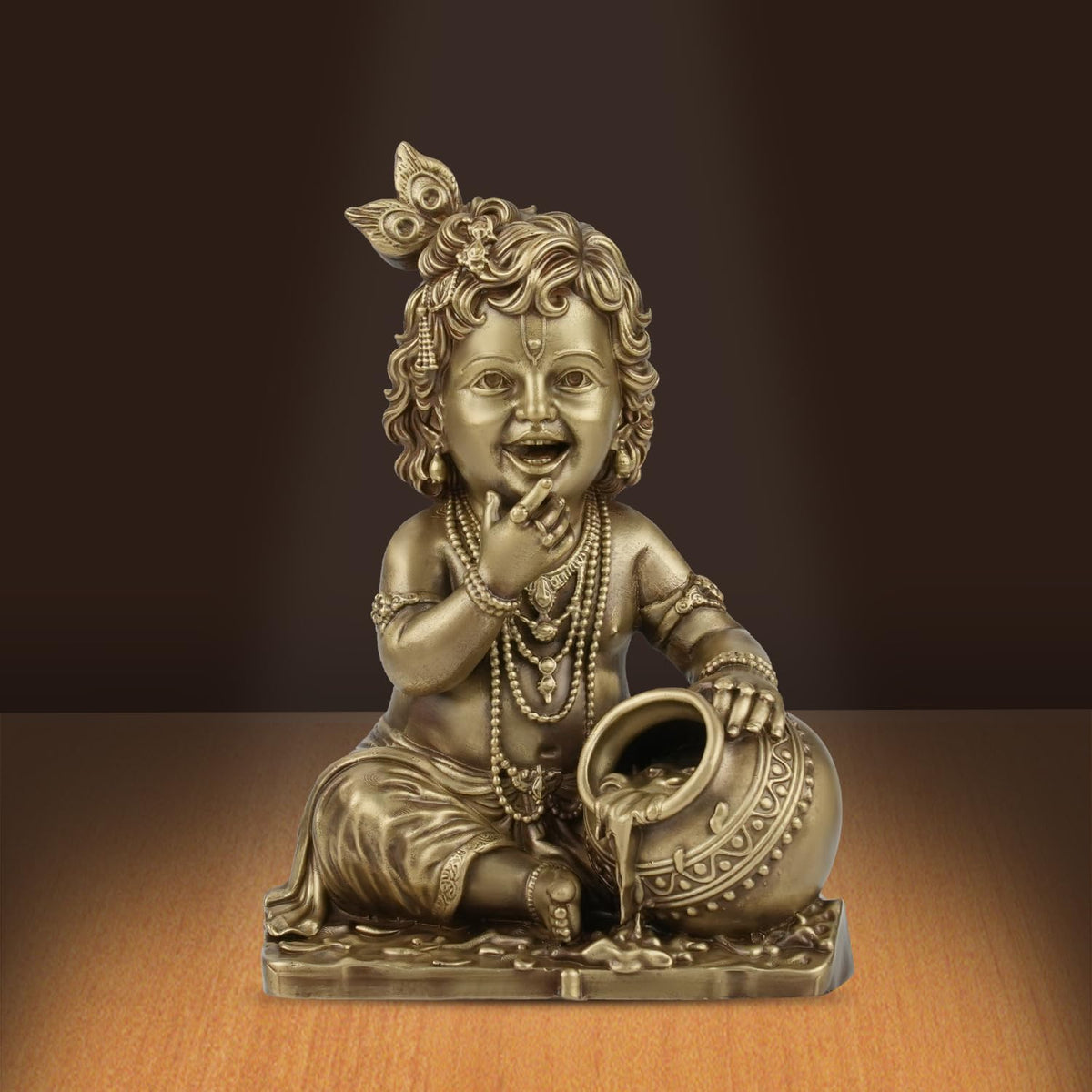 Shilpkala Makhan Chor Brass Idol | Brass Krishna Murti for Home Temple, Office Desk & Living Room Decor | Gift for Housewarming & Festivals (Coffee Antique Finish)