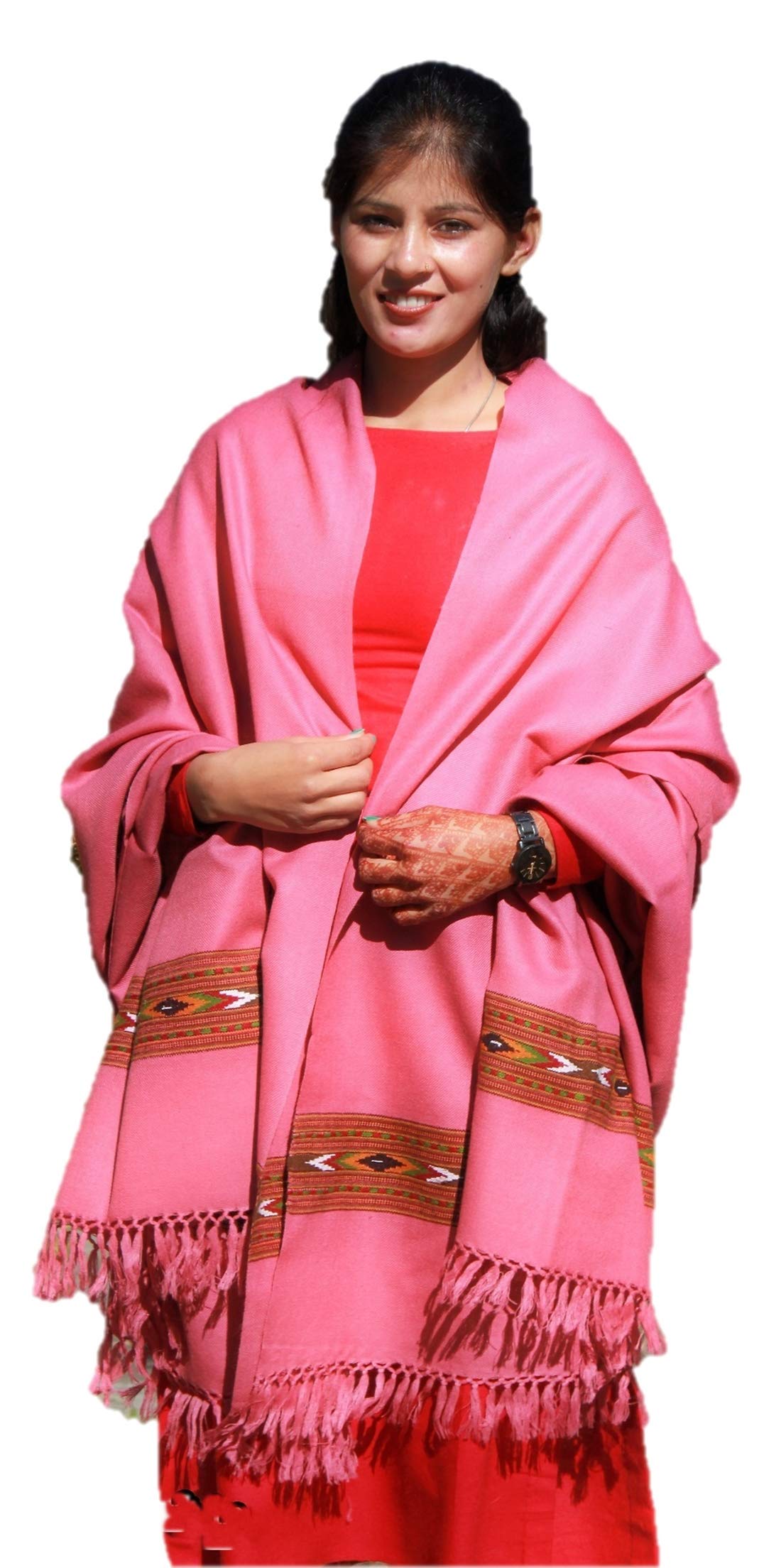 HImalayanKraft Hand Woven Kullu Wool Shawl- Pink Colored with Beautiful HandWoven Embroidery for Women and Girls.