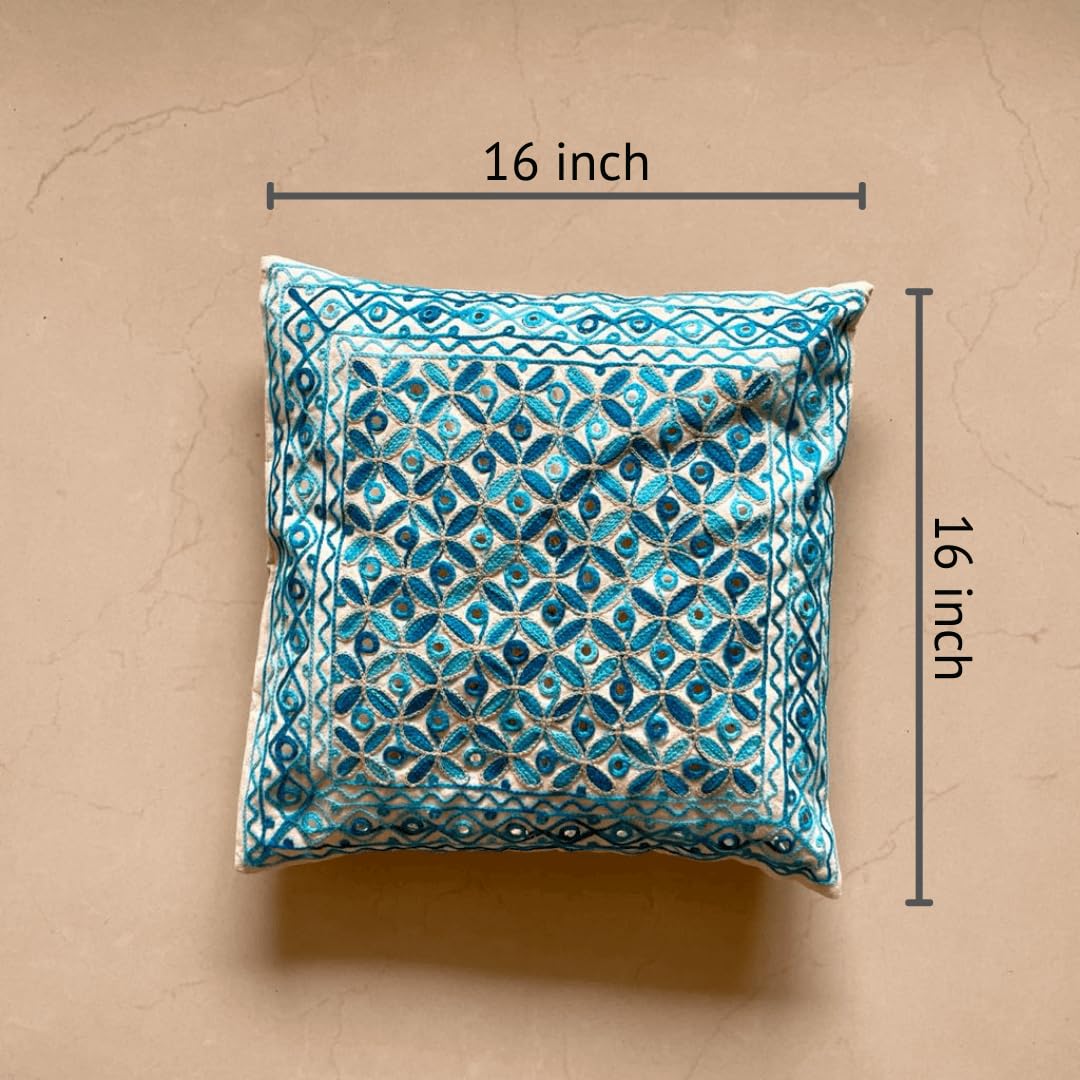 ATRANGI STUDIO Embroidered Cushion Covers - Set of 2 | Traditional Aari Embroidery | Threadwork Throw Pillow Covers with Zip Closure | Perfect for Sofa, Bed, Chair | 16x16 Inch, Blue