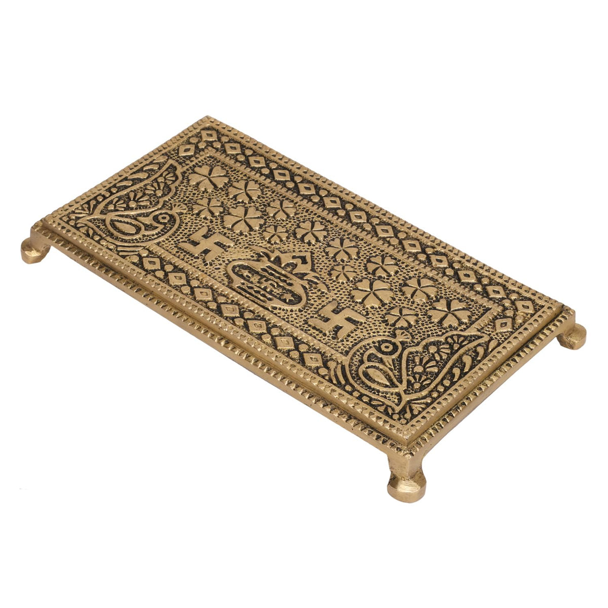 ARTVARKO Brass Traditional Swastik Kalash Embossed Rectangle Chowki Table for God Idols Diya Temple Decor Puja Gift 8 Inch