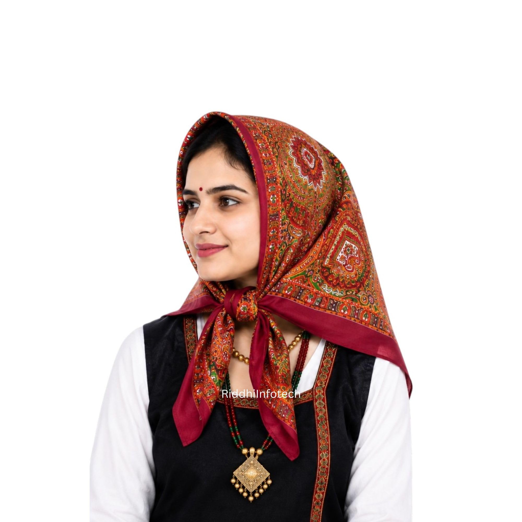 RiddhiInfotech Uttarakhand Pahadi Printed Square Scarf for Women | 26 x 26 Inch Traditional Head Scarf | Vintage Hair Wrap, Bandana, Neck Scarf & Stylish Fashion Accessory | Multicolour