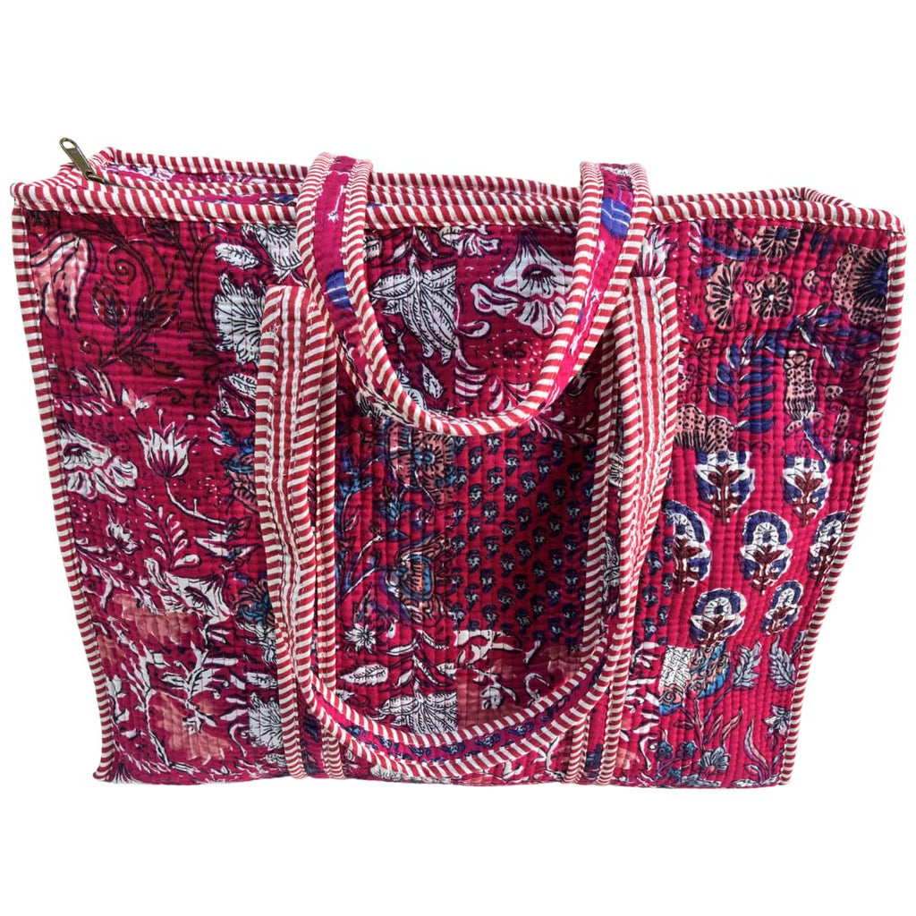 Bazaar Bhoot Edition Premium Cotton Quilted Shopping Tote Bag - Multipurpose Long Lasting Foldable Reusable Bag with zipper for Shopping, Travel & Daily Use - Made in India (Deep Pink)