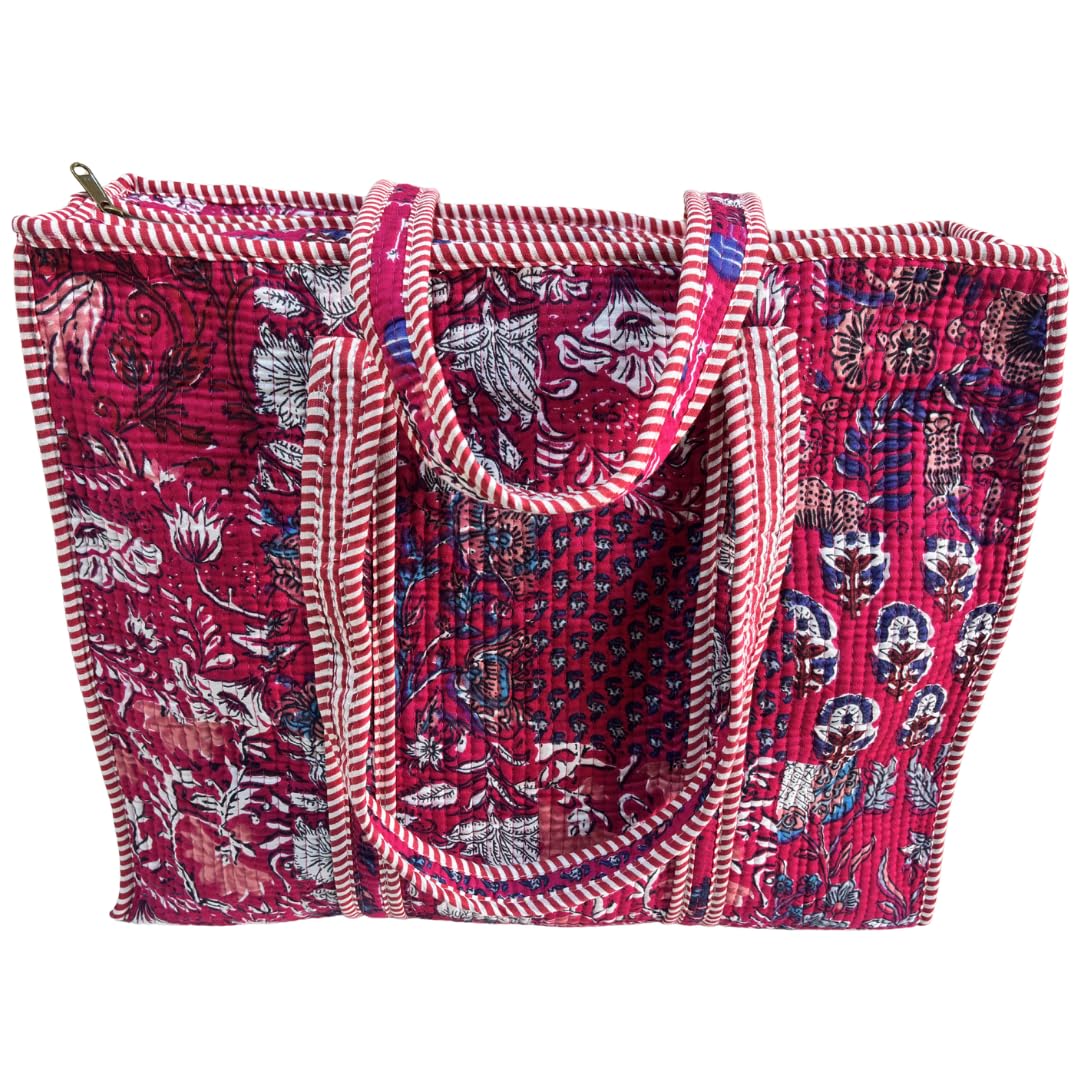 Bazaar Bhoot Edition Premium Cotton Quilted Shopping Tote Bag - Multipurpose Long Lasting Foldable Reusable Bag with zipper for Shopping, Travel & Daily Use - Made in India (Deep Pink)