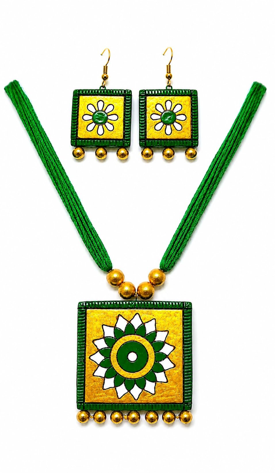 Terracotta Necklace Earrings Set for women and girls | Handmade Jewellery Necklace | Traditional Terracotta Jewellery Necklace Earring Set for party | occasion Daily use | Green and Yellow Floral Design | 1 set