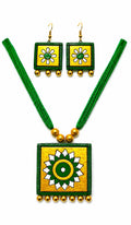 Terracotta Necklace Earrings Set for women and girls | Handmade Jewellery Necklace | Traditional Terracotta Jewellery Necklace Earring Set for party | occasion Daily use | Green and Yellow Floral Design | 1 set