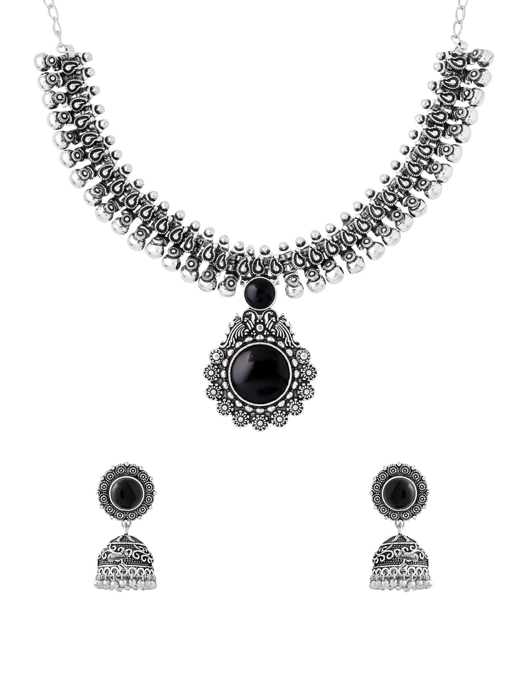 Yellow Chimes Oxidized Silver Kolhapuri Necklace Set with Jhumka Earrings Jewellery Set for Women (Oxidized Silver, Black) (YCTJNS-01CHOKR-BK)
