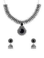 Yellow Chimes Oxidized Silver Kolhapuri Necklace Set with Jhumka Earrings Jewellery Set for Women (Oxidized Silver, Black) (YCTJNS-01CHOKR-BK)