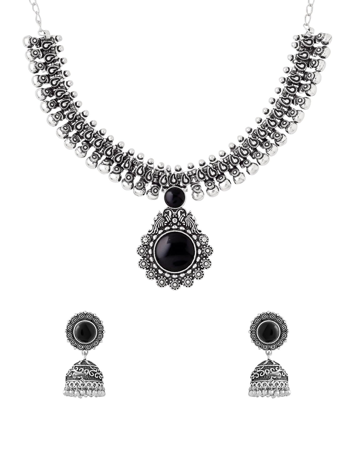 Yellow Chimes Oxidized Silver Kolhapuri Necklace Set with Jhumka Earrings Jewellery Set for Women (Oxidized Silver, Black) (YCTJNS-01CHOKR-BK)