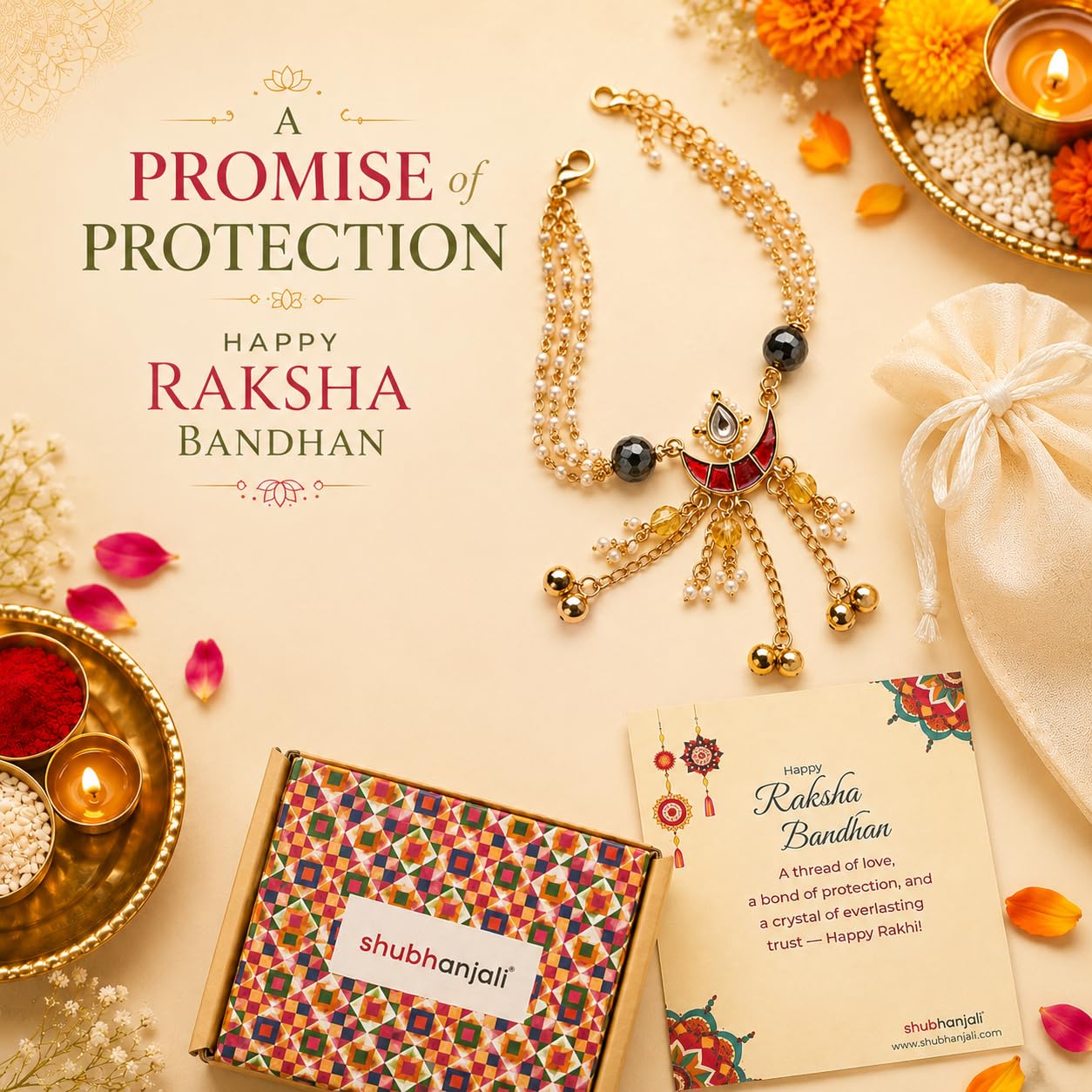Shubhanjali Samriddhi Rakhi for Bhabhi and Sister | Handmade Designer Lumba Rakhi for Bhabhi | Raksha Bandhan Gift Set with Roli Chawal, Greeting Card & Potli