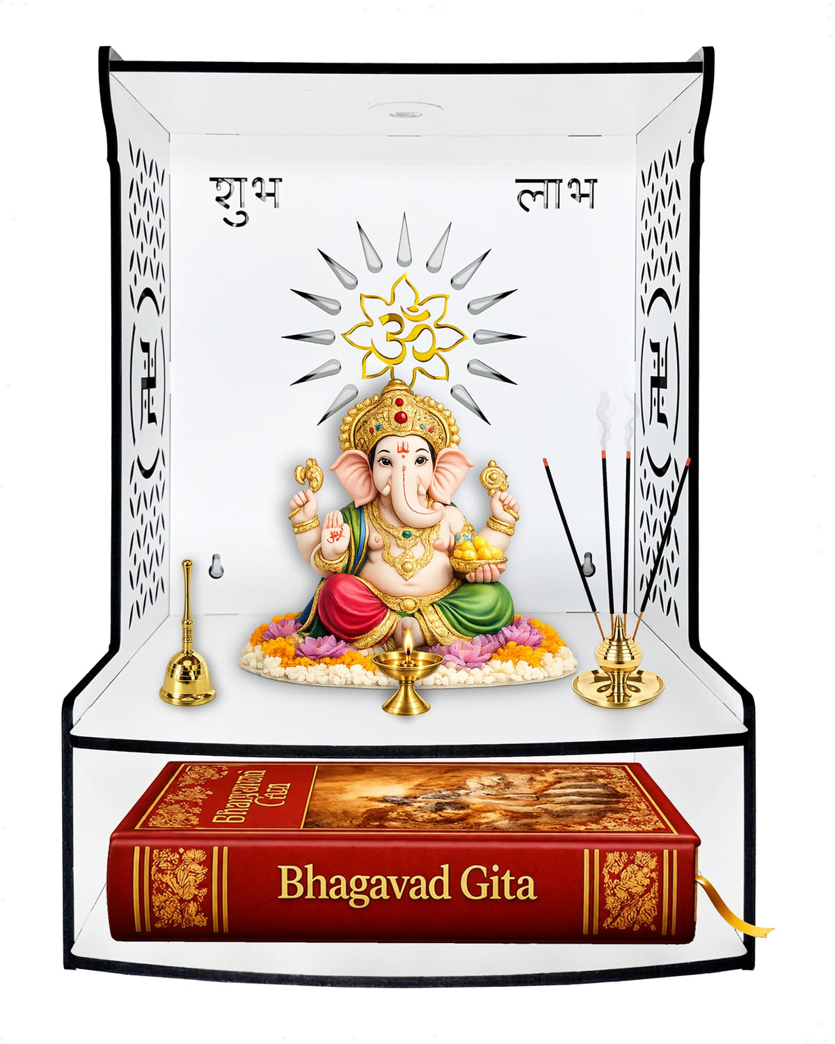 DEXORO Wooden Temple for Home Wall Mounted | Dual Tone Brown & White Mandir with LED Light | Small Pooja Mandir for Home, Office & Decoration