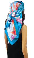 ONE ECHELON Satin Scarf for Women Lightweight Fashion Scarves, Wrap in Print Floral Pattern (Cool Blue)