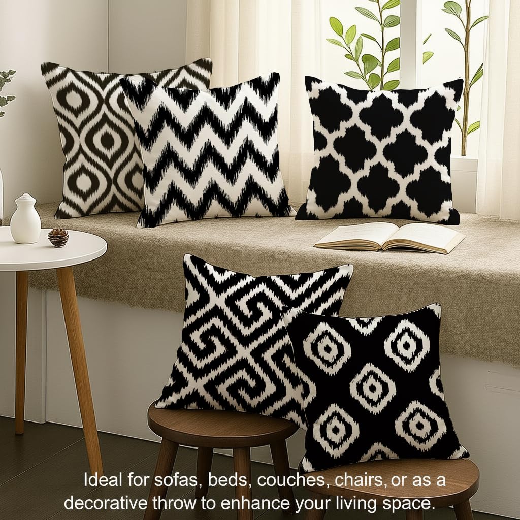 STITCHNEST Set of 5 Polycotton Cushion Covers – 24x24 Inches – Black & White Ikat Geometric Print – Elegant Cushion Covers for Sofa & Living Room | Perfect for Home Decor