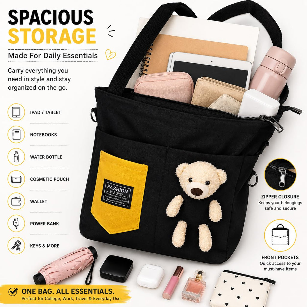 BROGBUS Canvas Tote Bag for Women with Teddy Bear Charm, 3-Way Convertible Crossbody Shoulder Handbag, Adjustable Sling Strap, Zipper Closure, College Travel Shopping Bag, Black, 34 x 33 cm
