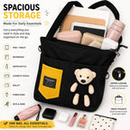 BROGBUS Canvas Tote Bag for Women with Teddy Bear Charm, 3-Way Convertible Crossbody Shoulder Handbag, Adjustable Sling Strap, Zipper Closure, College Travel Shopping Bag, Black, 34 x 33 cm
