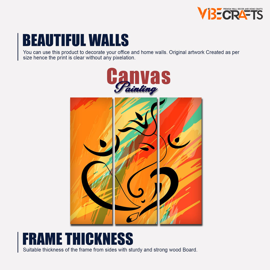 VIBECRAFTS Abstract Ganesh Ji Art 3 Pieces Canvas Wall Painting Fitted With Wooden Frame For Home | Office | Living Room | Gifts (PTVC3Pcs1_9553)