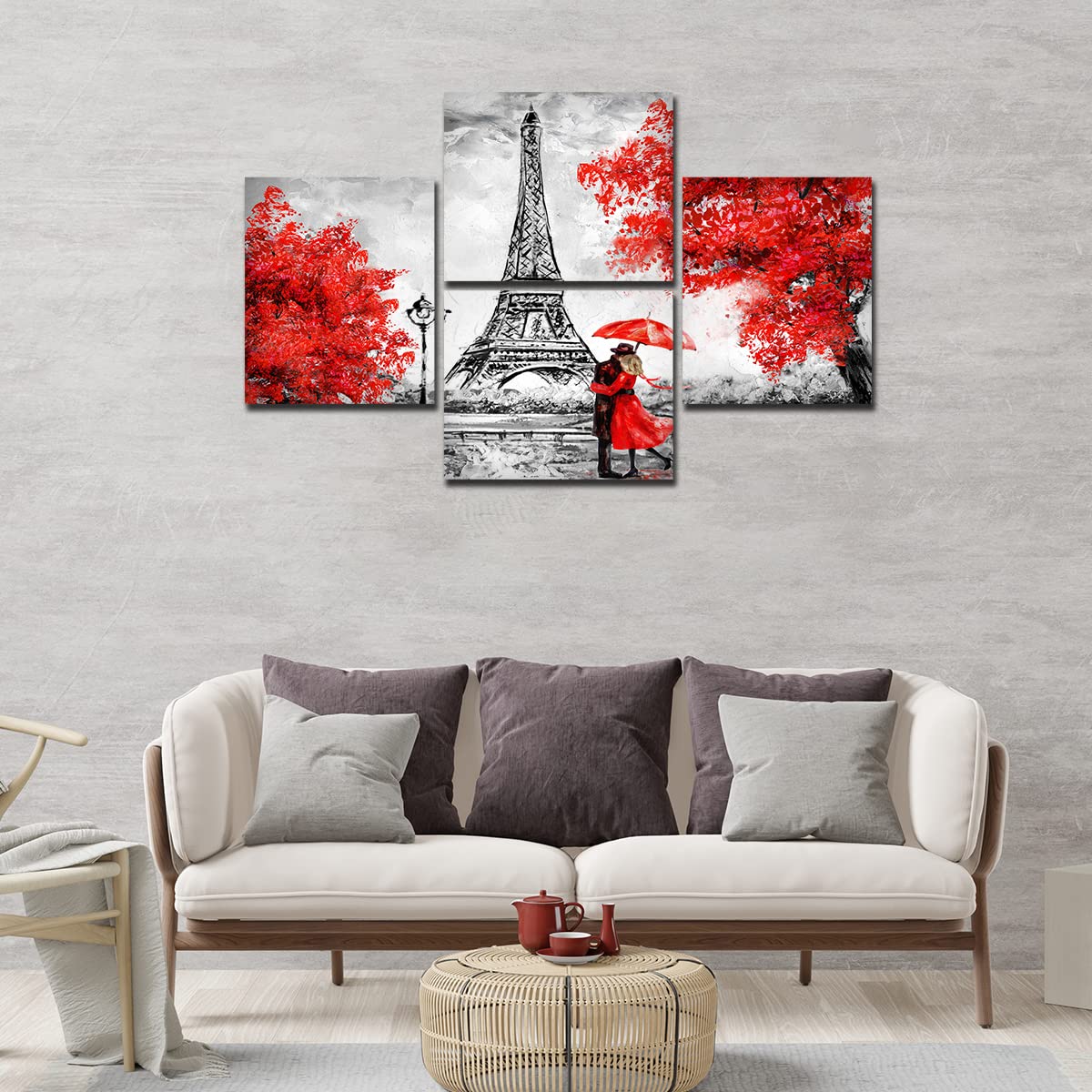VIBECRAFTS Beautiful Couple Under An Umbrella On Eiffel Tower Street 4 Pieces Canvas Wall Painting Fitted With Wooden Frame For Home | Office | Living Room | Gifts (PTVC4Pcs4_16502)