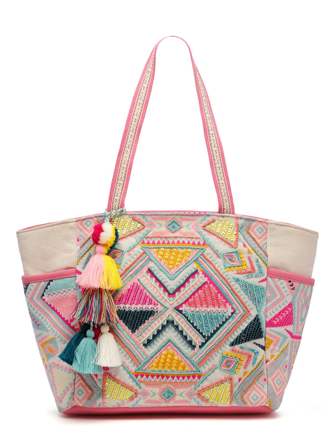 Anekaant Kooky Boho Geometric Embellished Handloom Cotton Jacquard Tote Bag for Women – Handmade Designer Ethnic Bohemian Large Casual Carry Bag