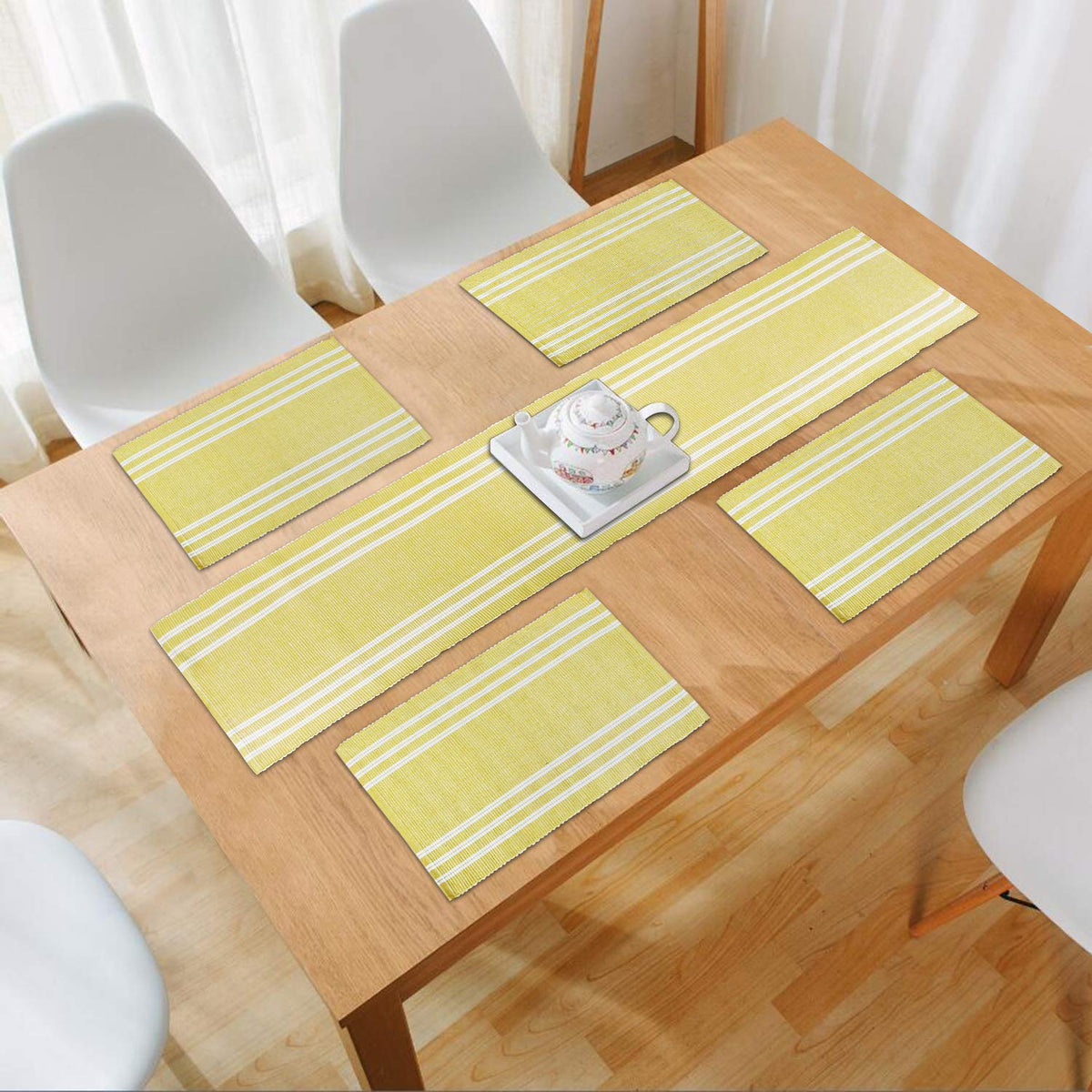 HOKIPO IN70-272 Cotton Rectangular Ribbed Washable Dining Table Mats Washable with Runner (Yellow) - 4 Pieces Kafalo