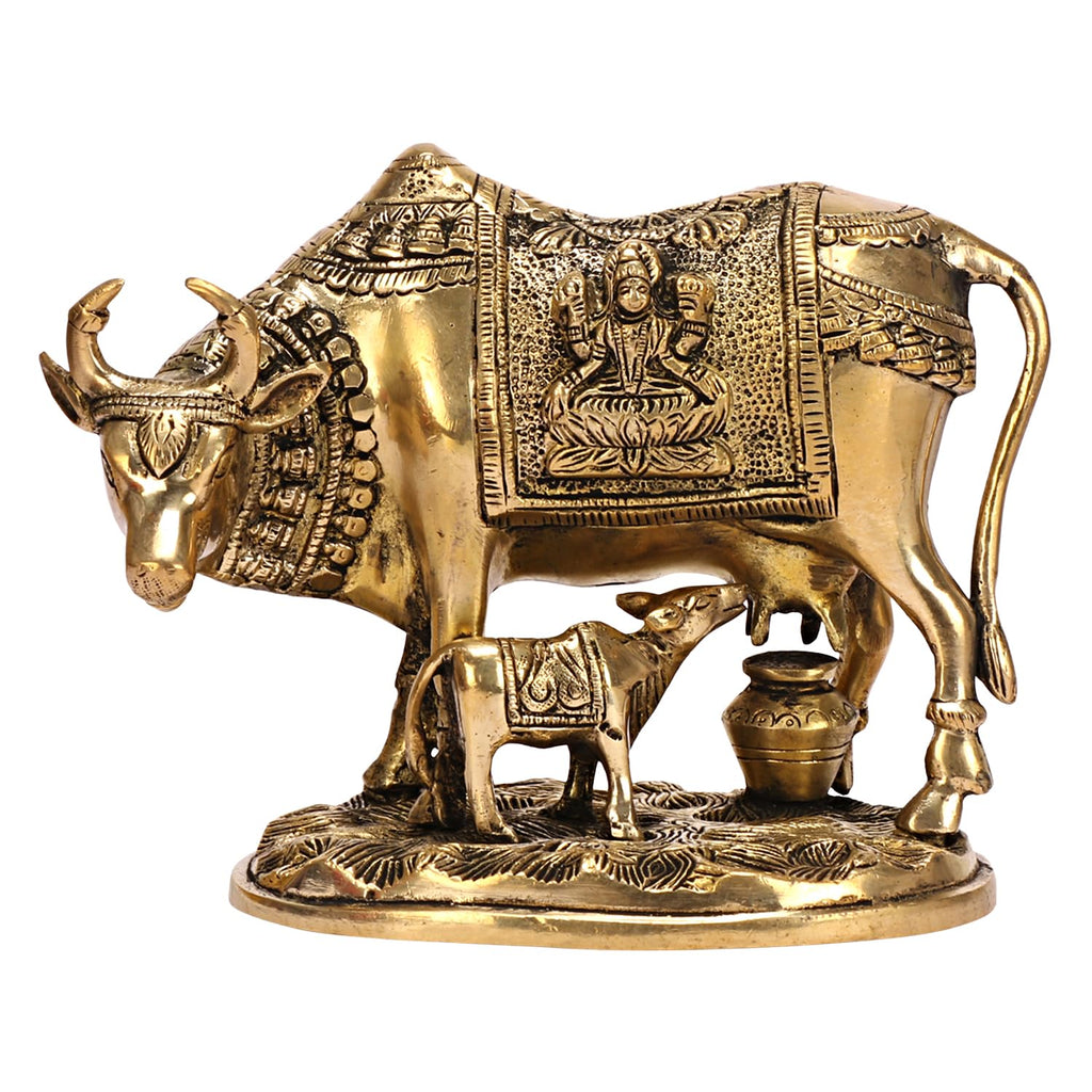ARTVARKO Brass Laxmi Ganesha Engraved Cow and Calf Statue Kamdhenu Gau MATA Idol, Spiritual Vastu Nandi Pooja Decor, Gold Color 8 Inch